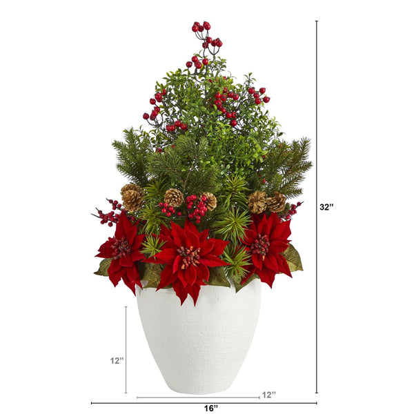 32” Poinsettia, Boxwood and Succulent Artificial Arrangement in White Vase