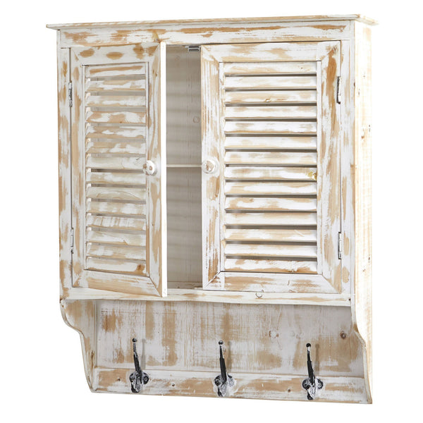 32” White Washed Wall Cabinet with Hooks
