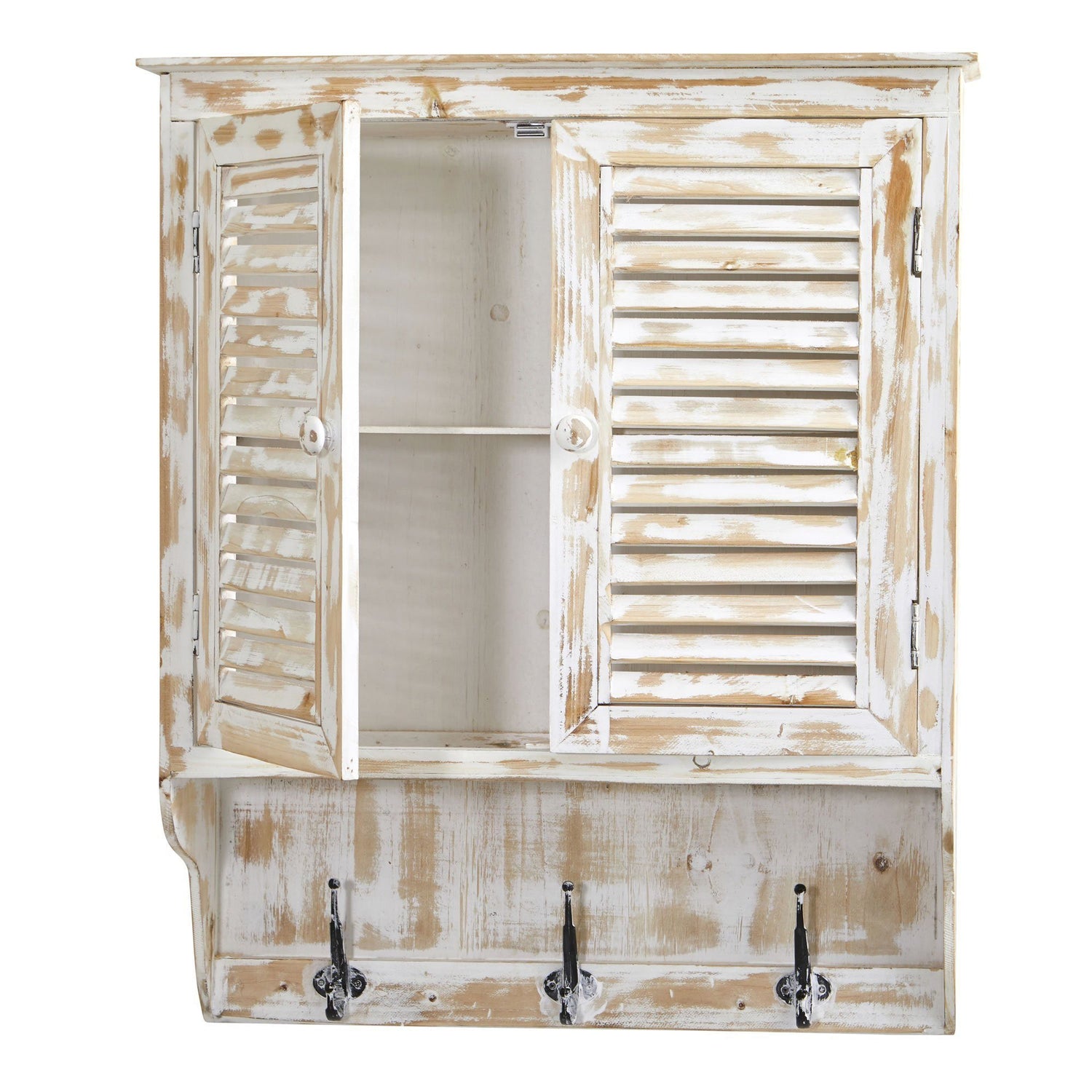 32” White Washed Wall Cabinet with Hooks