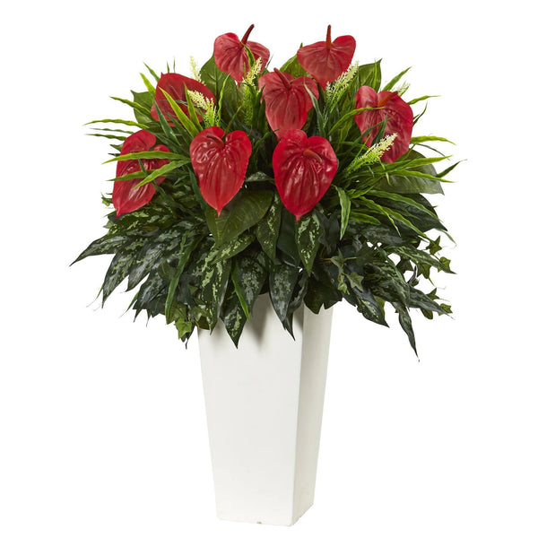 33" Artificial Mixed Anthurium Plant in White Tower Vase"
