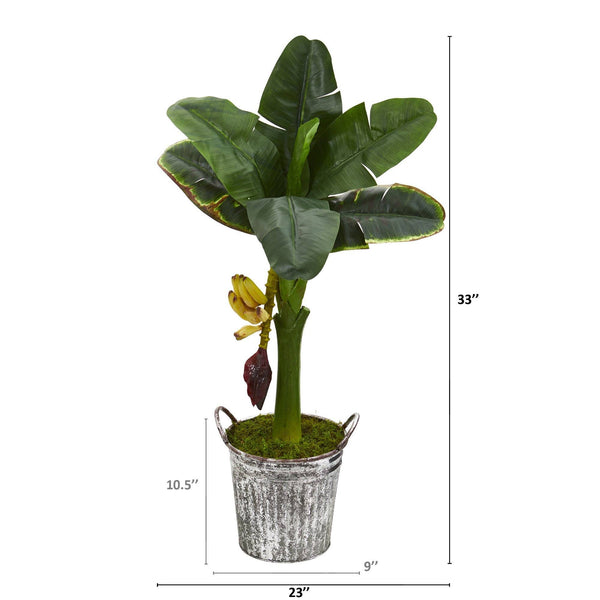 33” Banana Artificial Tree in Vintage Metal Pail