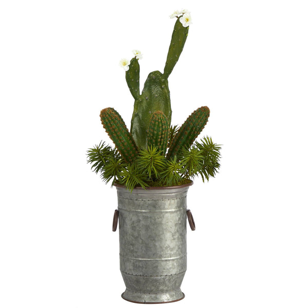 33” Cactus Succulent Artificial Plant in Vintage Metal Planter
