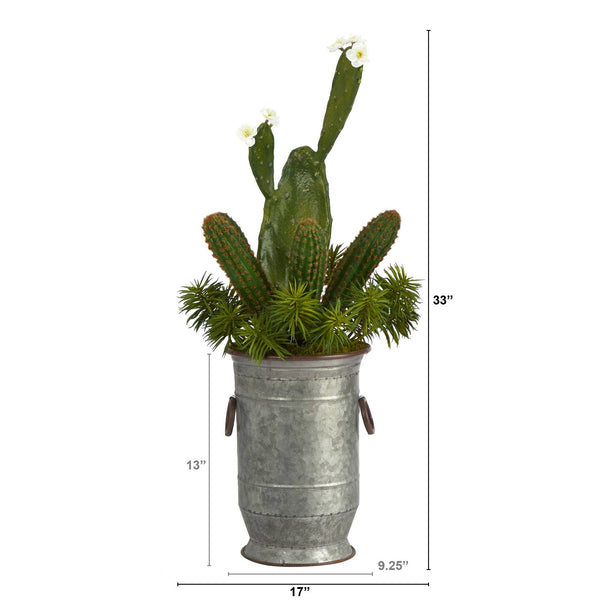 33” Cactus Succulent Artificial Plant in Vintage Metal Planter
