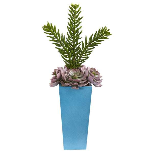 33” Echeveria and Spiky Succulent Artificial Plant in Blue Planter
