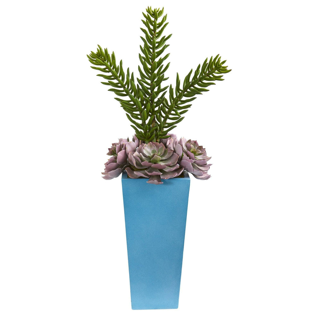 blue spiky succulent 33” Echeveria and Spiky Succulent Artificial Plant in Blue Planter