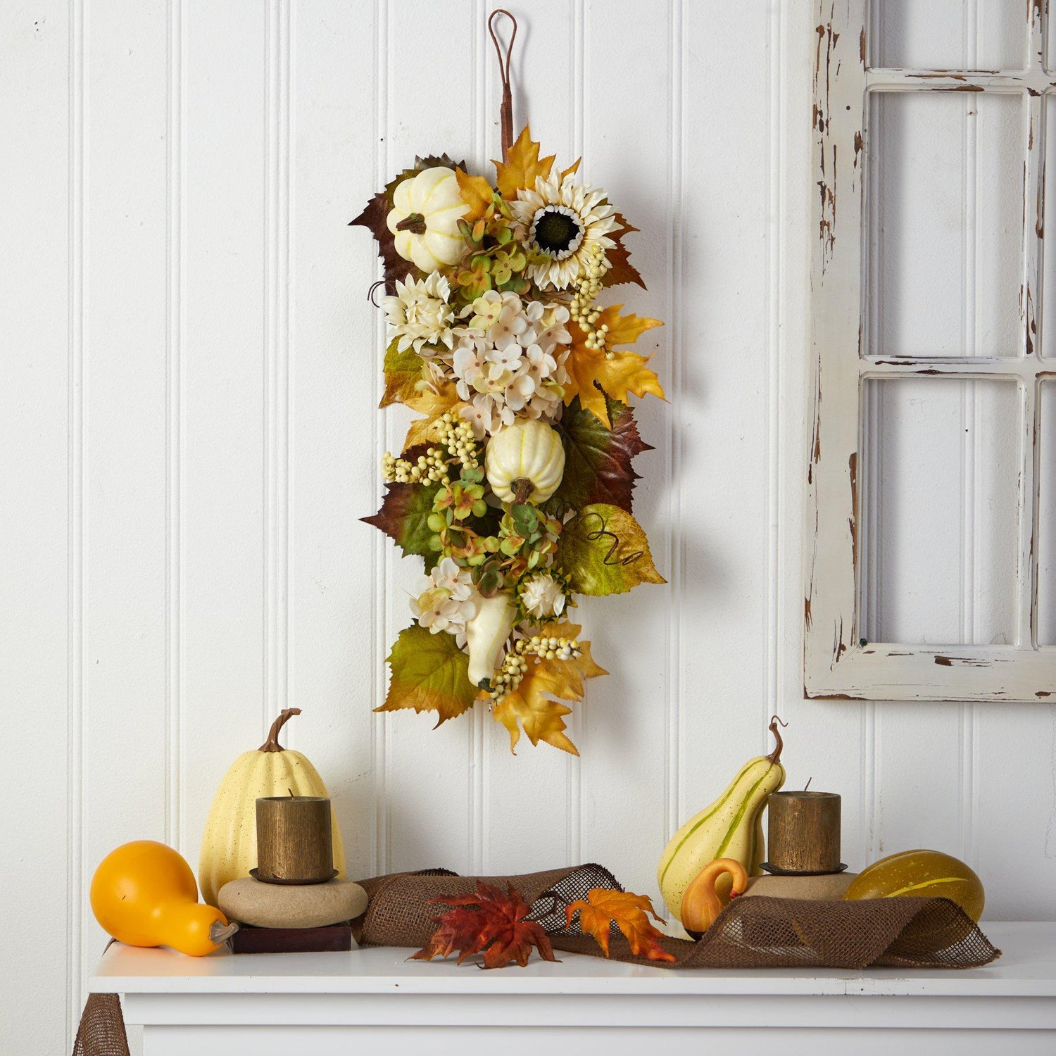33” Fall Sunflower, Hydrangea and White Pumpkin Artificial Autumn Teardrop