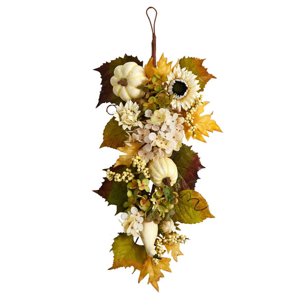 33” Fall Sunflower, Hydrangea and White Pumpkin Artificial Autumn Teardrop