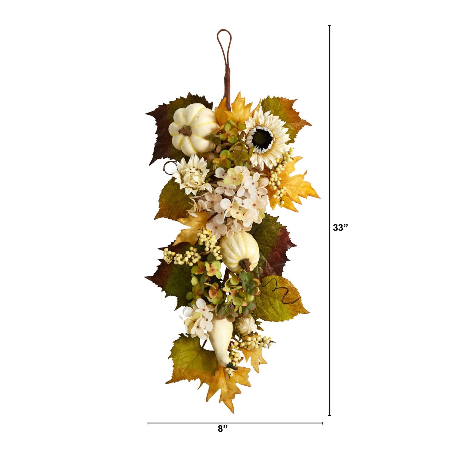 33” Fall Sunflower, Hydrangea and White Pumpkin Artificial Autumn Teardrop