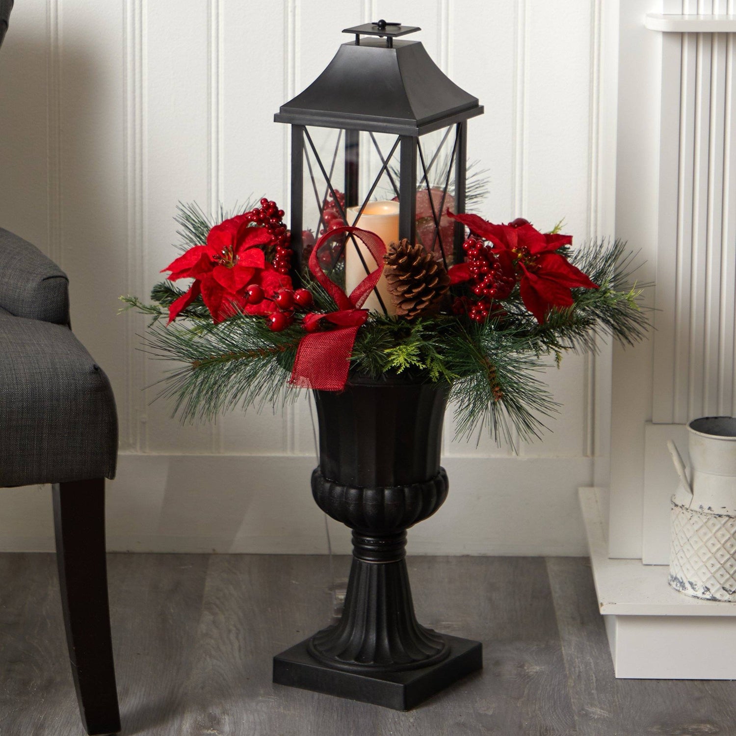 33” Holiday Berries and Poinsettia with Large Lantern and Included LED Candle