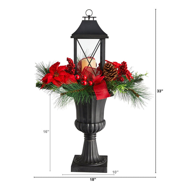 33” Holiday Berries and Poinsettia with Large Lantern and Included LED Candle