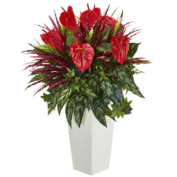 33" Mixed Anthurium Artificial Plant in White Tower Vase"