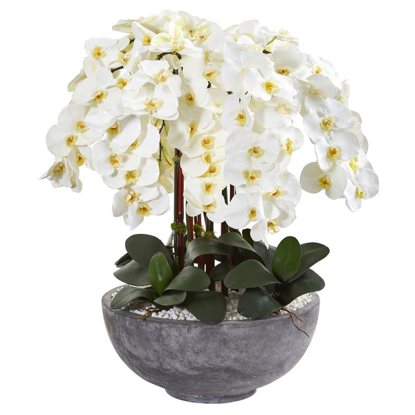 33” Phalaenopsis Orchid Artificial Arrangement in Large Cement Bowl