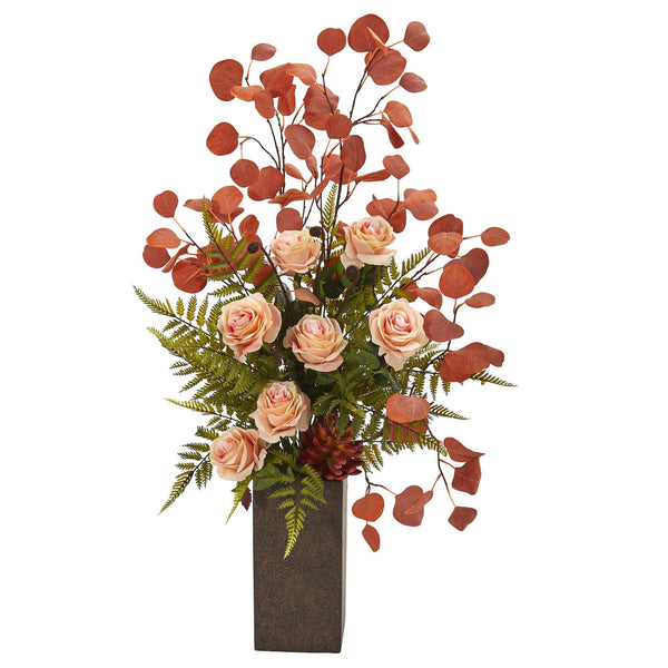 33” Rose, Eucalyptus and Fern Artificial Arrangement in Weathered Brown Planter