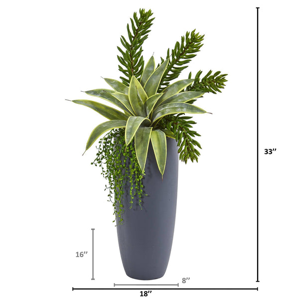 33” Sansevieria and Succulent Artificial Plant in Gray Planter