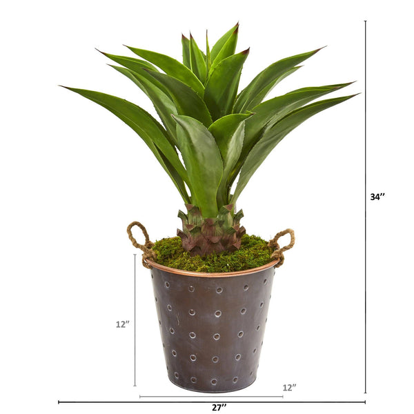 34” Agave Artificial Plant in Decorative Metal Pail with Rope
