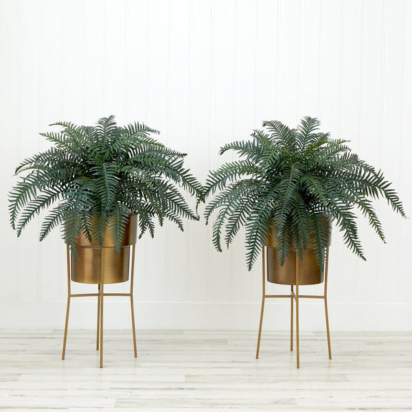 34” Artificial River Fern Plant in Metal Planter with Stand DIY KIT - Set of 2