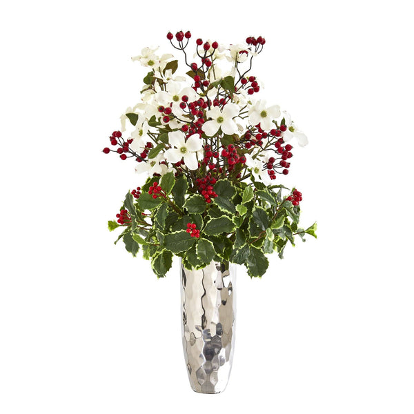 34” Dogwood and Holly Berry Artificial Arrangement in Silver Vase