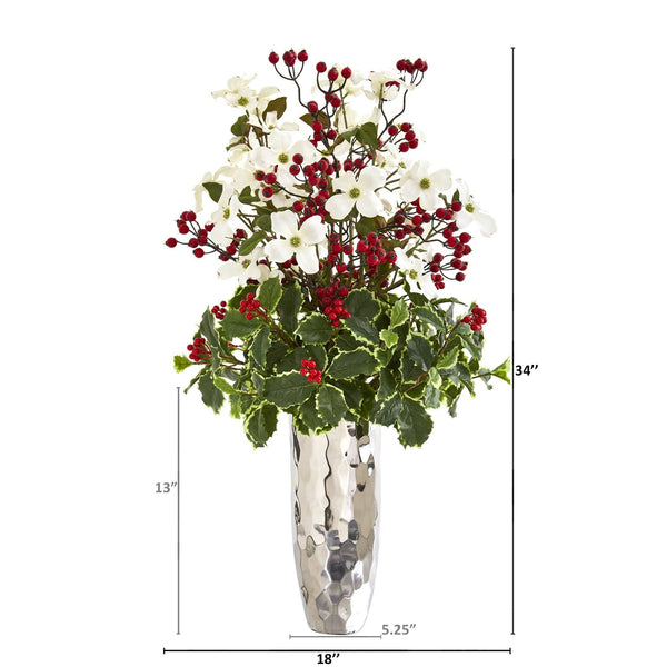 34” Dogwood and Holly Berry Artificial Arrangement in Silver Vase