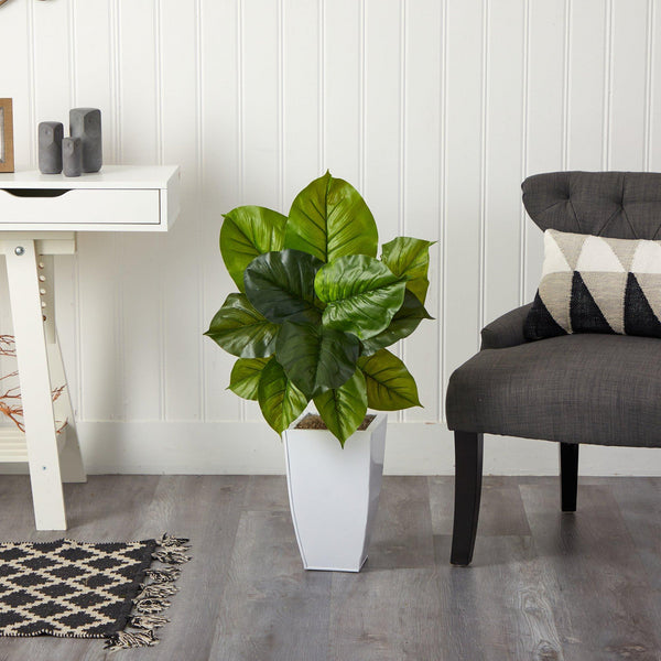 34” Large Philodendron Leaf Artificial Plant in White Metal Planter