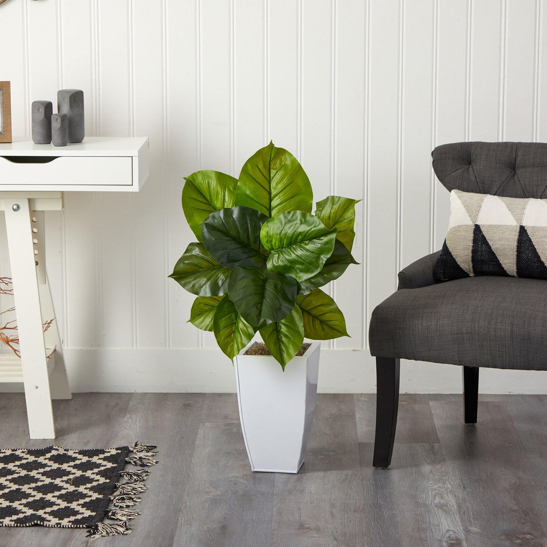large faux plant in pot 34” Large Philodendron Leaf Artificial Plant in White Metal Planter