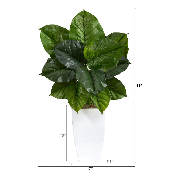 34” Large Philodendron Leaf Artificial Plant in White Metal Planter