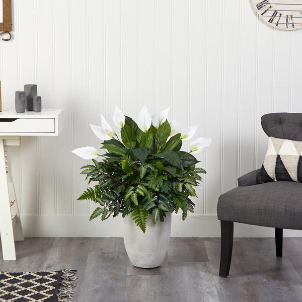 34” Mixed Spathiphyllum Artificial Plant in White Planter