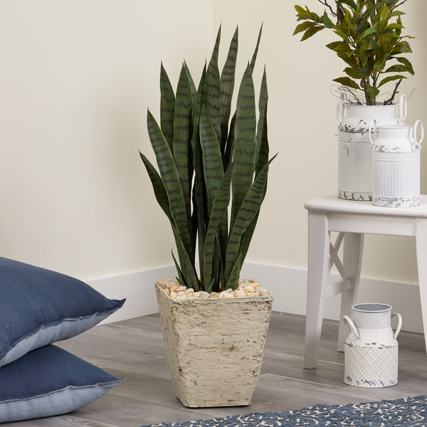 34” Sansevieria Artificial Plant in Country White Planter