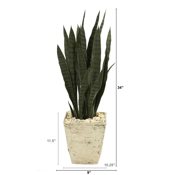 34” Sansevieria Artificial Plant in Country White Planter