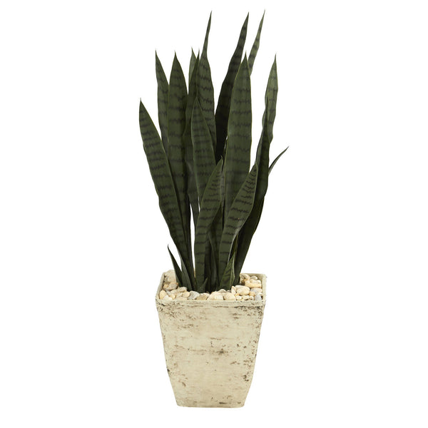 34” Sansevieria Artificial Plant in Country White Planter