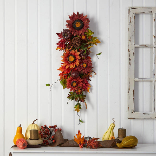 35” Autumn Sunflower, Pumpkin and Berries Artificial Teardrop