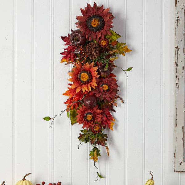 35” Autumn Sunflower, Pumpkin and Berries Artificial Teardrop