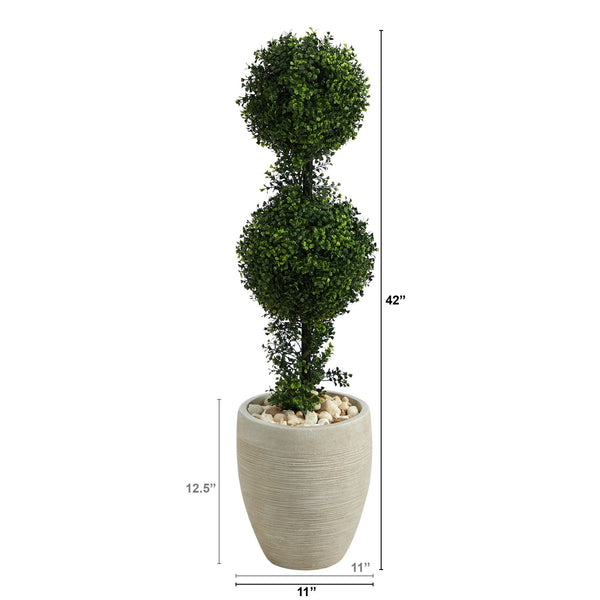 3.5’ Boxwood Double Ball Topiary Artificial Tree in Sand Colored Planter (Indoor/Outdoor)