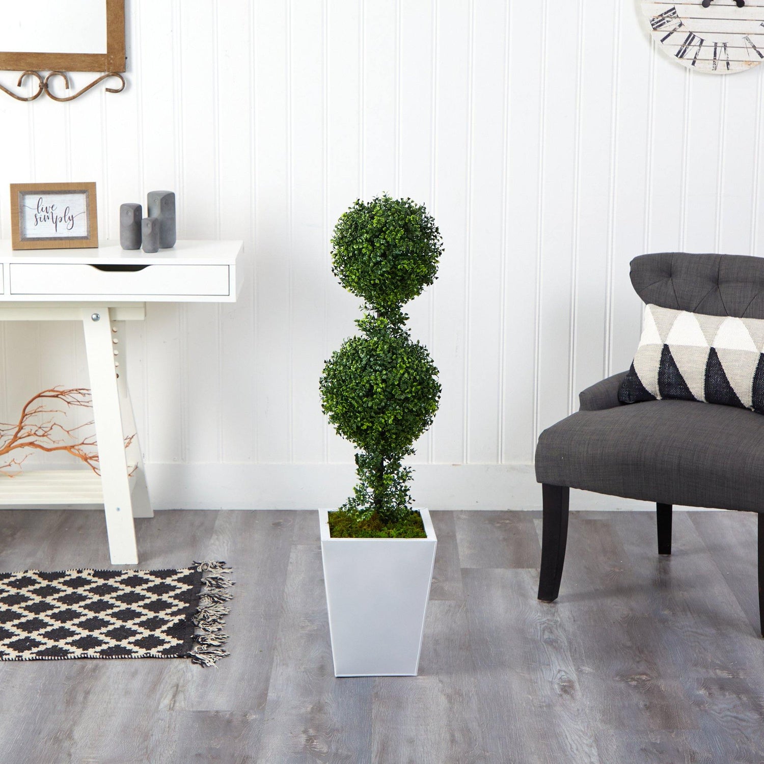 3.5’ Boxwood Double Ball Topiary Artificial Tree in White Metal Planter(Indoor/Outdoor)