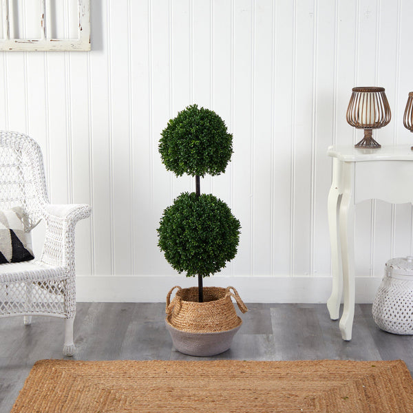 3.5’ Artificial Boxwood Double Ball Topiary Tree in Boho Chic Handmade Cotton & Jute Planter UV Resistant