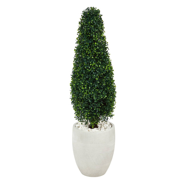3.5’ Boxwood Tower Artificial Topiary Tree in White Planter (Indoor/Outdoor)
