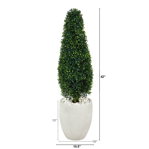 3.5’ Boxwood Tower Artificial Topiary Tree in White Planter (Indoor/Outdoor)