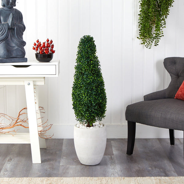 3.5’ Boxwood Tower Artificial Topiary Tree in White Planter (Indoor/Outdoor)