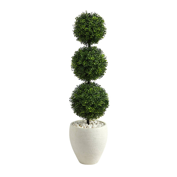 3.5’ Boxwood Triple Ball Topiary Artificial Tree in White Planter (Indoor/Outdoor)