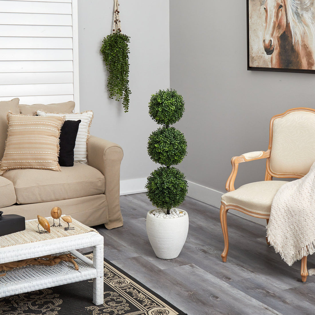 indoor topiary plants live Nearly Natural 3.5ft. Boxwood Triple Ball Topiary Artificial Tree in White Planter (Indoor/Outdoor)