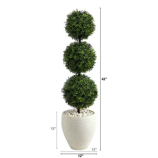 3.5’ Boxwood Triple Ball Topiary Artificial Tree in White Planter (Indoor/Outdoor)