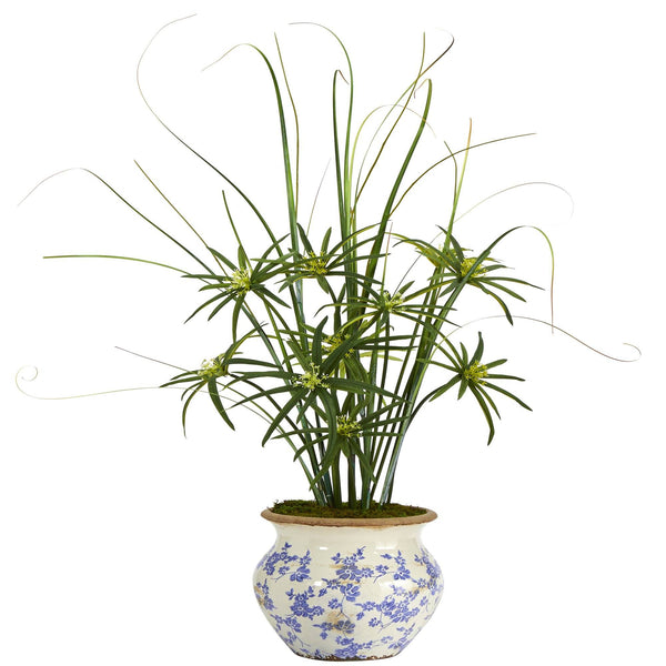 3.5’ Cyperus and Grass Artificial Plant in Vintage Floral Planter