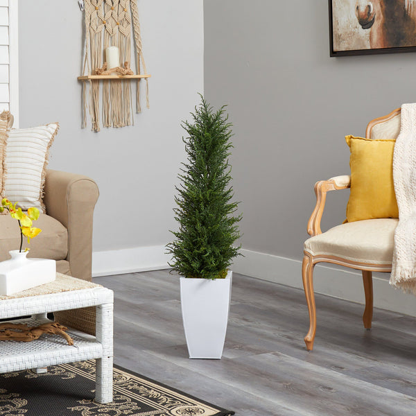 3.5’ Cypress Artificial Tree in White Metal Planter (Indoor/Outdoor)