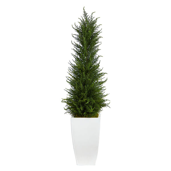3.5’ Cypress Artificial Tree in White Metal Planter (Indoor/Outdoor)