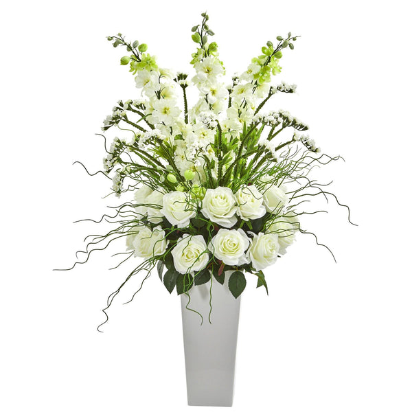 35” Delphinium and Rose Arrangement in White Planter