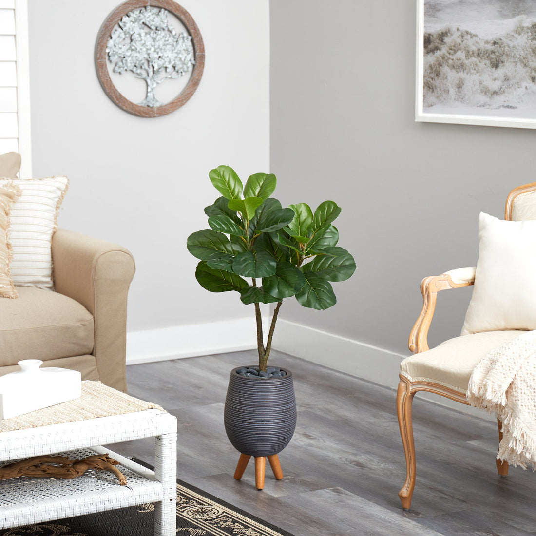 ikea fake fiddle leaf fig 3.5’ Fiddle Leaf Fig Artificial Tree in Gray Planter with Stand
