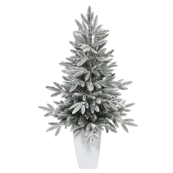 3.5’ Flocked Manchester Spruce Artificial Christmas Tree with 50 Lights and 133 Bendable Branches in Metal Planter