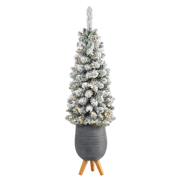 3.5’ Flocked Pencil Artificial Christmas Tree with 50 Clear Lights and 132 Bendable Branches in Gray Planter with Stand