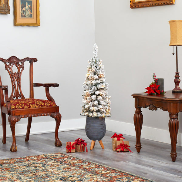3.5’ Flocked Pencil Artificial Christmas Tree with 50 Clear Lights and 132 Bendable Branches in Gray Planter with Stand