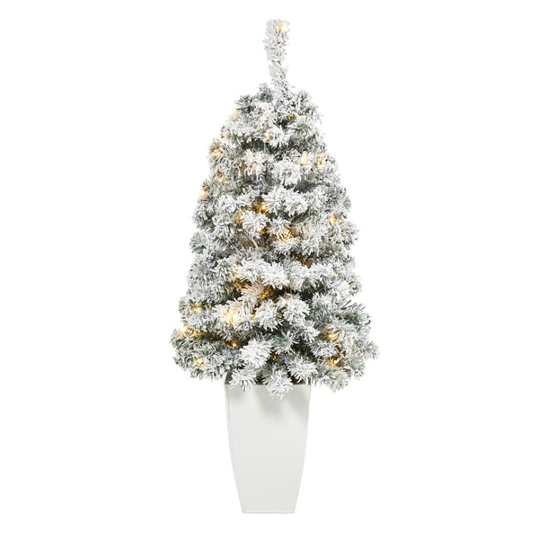 3.5' Flocked Rock Springs Spruce Artificial Christmas Tree with 50 Clear LED Lights in White Metal Planter