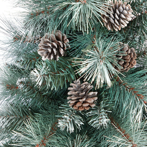 3.5’ Frosted Tip British Columbia Mountain Pine Artificial Christmas Tree with 50 Clear Lights, Pine Cones and 112 Bendable Branches in Metal Planter
